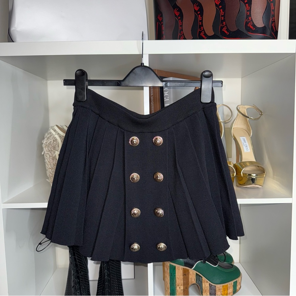 Immodel Black Knit Pleated Micro Mini Skirt with Gold Lion Buttons